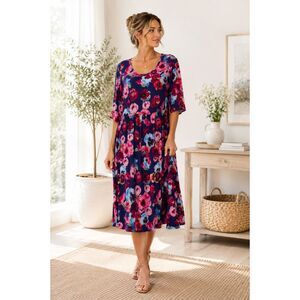 Floryday Midi Dress Red Blue Floral Pullover Relaxed 3/4 Sleeves Size L